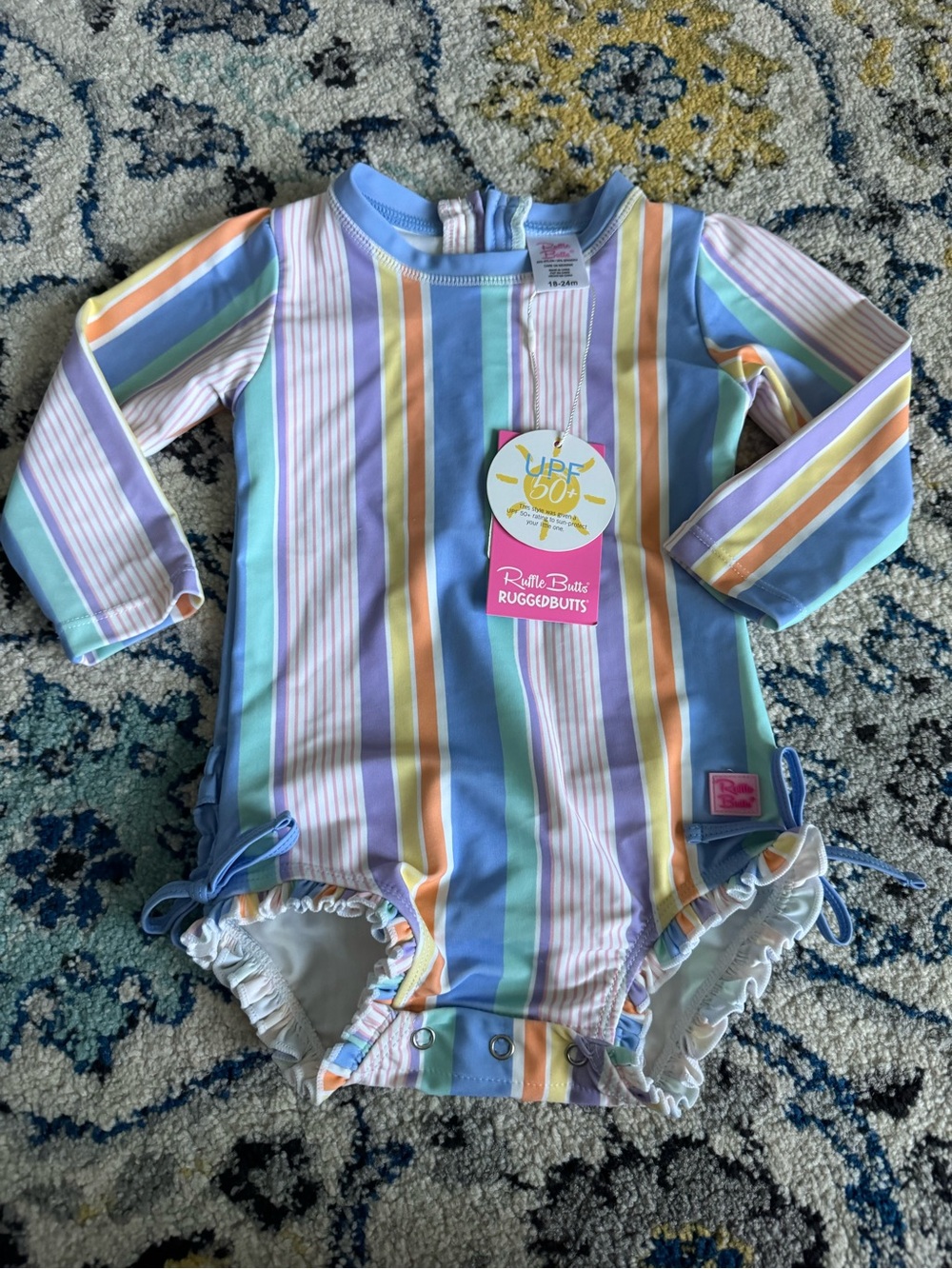 RuffleButts RuggedButts Pastel Stripe UPF 50+ Rashguard One-Piece